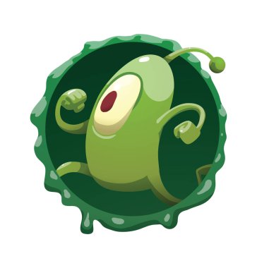 Yuvarlak kare, bir yerde çalışan komik yeşil mikrop