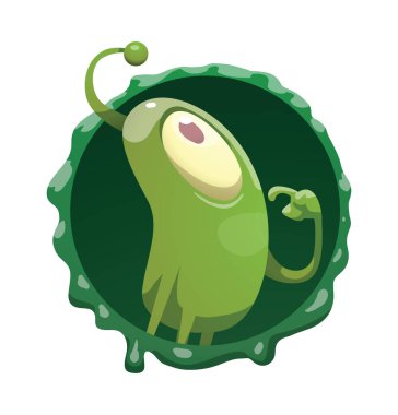 Yuvarlak kare, dalgın ayakta komik yeşil mikrop