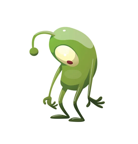 Funny green microbe standing sad — Stock Vector