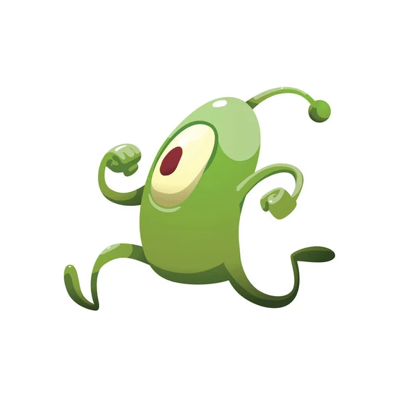 Funny green microbe running somewhere — Stock Vector