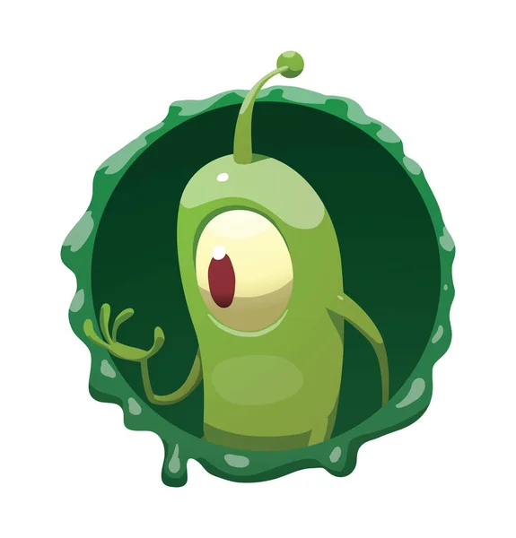 Round frame, funny green microbe walking somewhere — Stock Vector