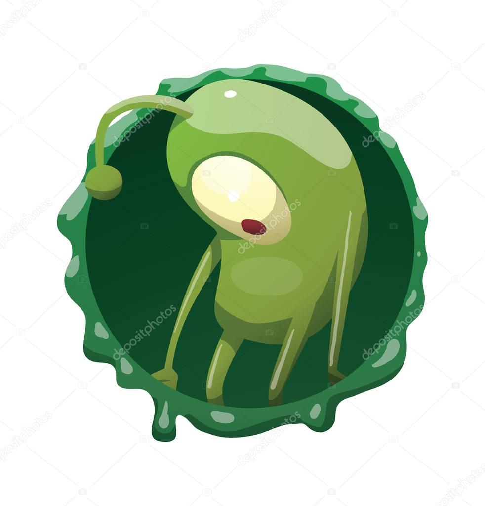 Round frame, funny green microbe standing sad
