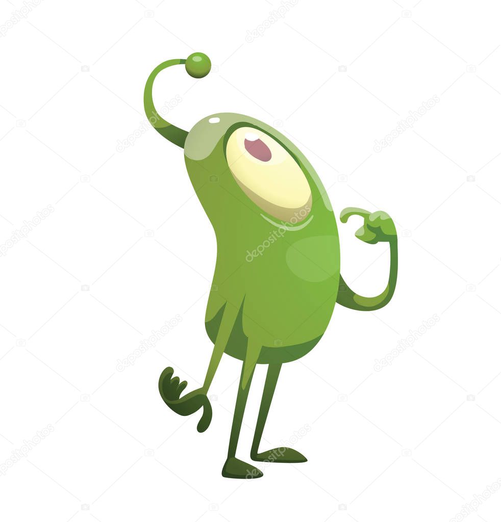 Funny green microbe standing pensive