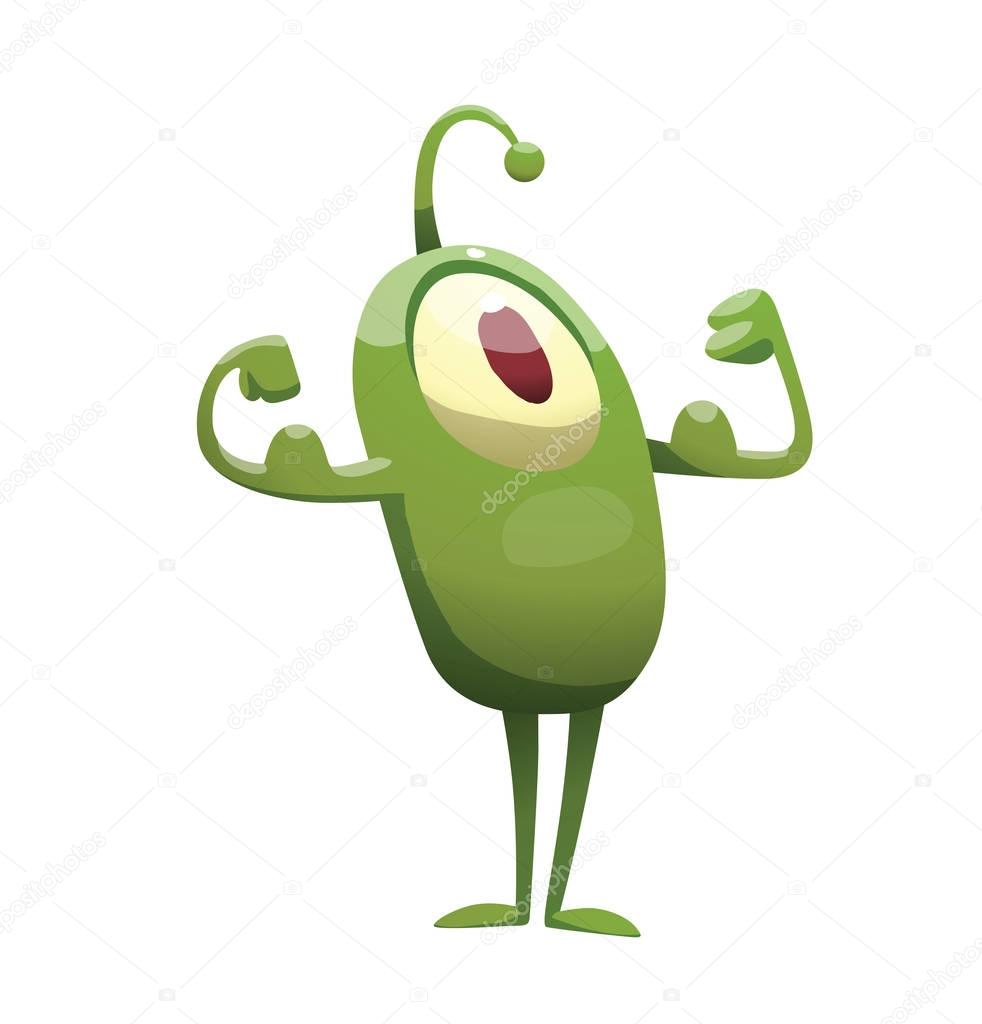 Funny green microbe showing muscles
