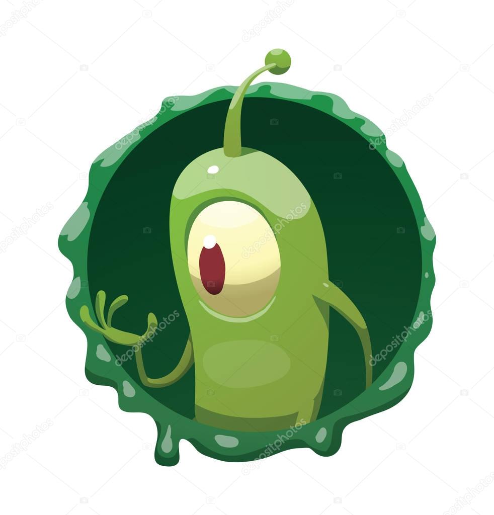 Round frame, funny green microbe walking somewhere
