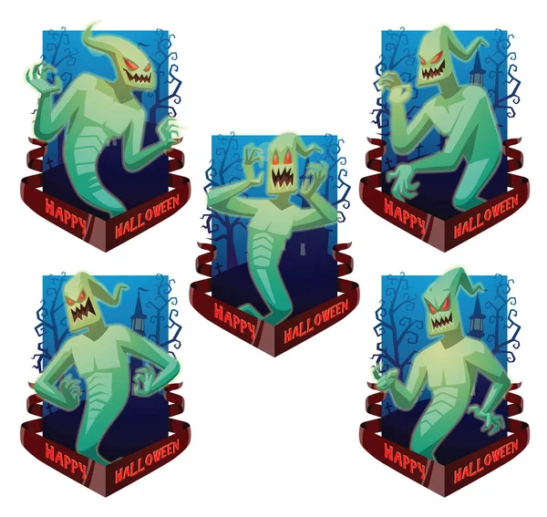 Σύνολο πέντε κάρτες με αστεία ελαφρύ πράσινο φαντάσματα — Διανυσματικό Αρχείο