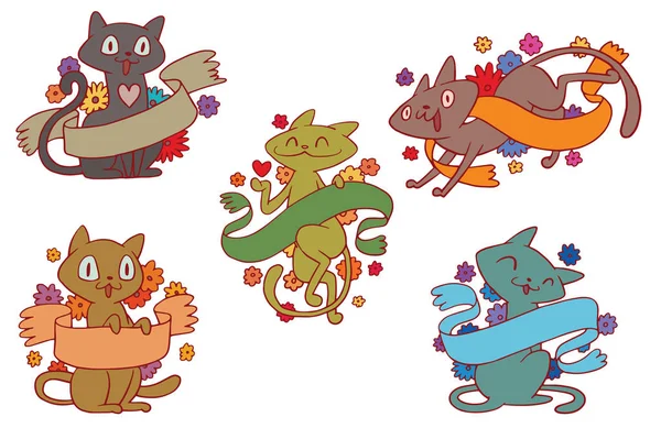 Набор цветных эмблем с милыми кошками — стоковый вектор