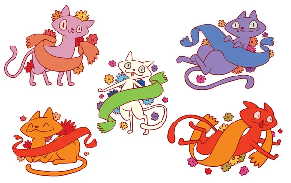 Sada pěti barevné emblémy s roztomilé kočky — Stockový vektor