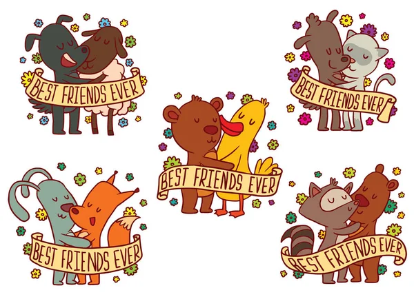 Uppsättning av fem färg emblem med kramar djur — Stock vektor