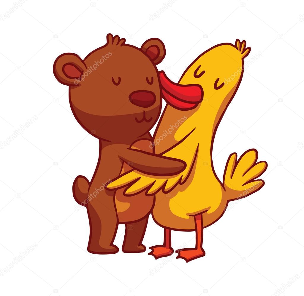 Hugging animals, bear and duck