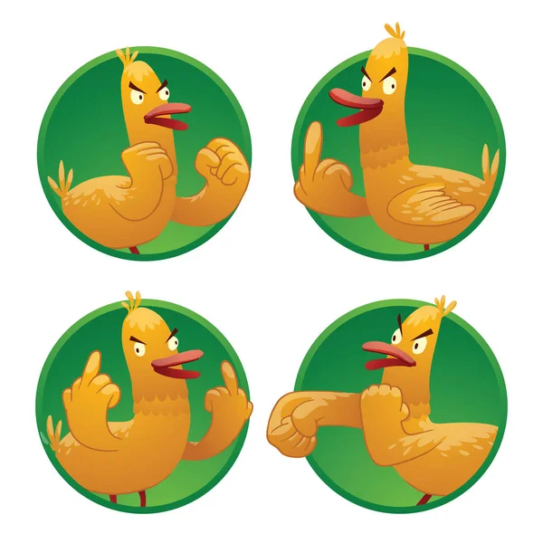 Set of round green frames with funny yellow rude ducks — Stock Vector