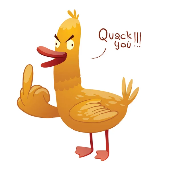 Divertido pato amarillo mostrando mierda por el ala derecha — Vector de stock