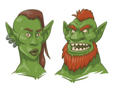 Goblin woman's and man's heads, color image clipart