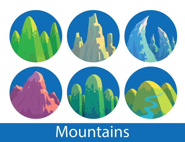 Ensemble d'étiquettes rondes bleues avec différentes montagnes — Image vectorielle