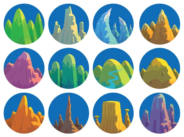 Set di dodici etichette rotonde blu con varie montagne — Vettoriale Stock