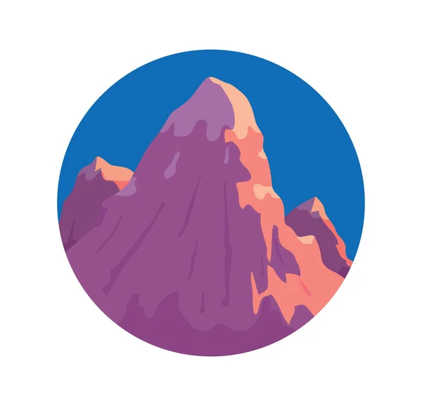 丸いラベル、3 つのピークを持つ大きなピンク山 — ストックベクタ