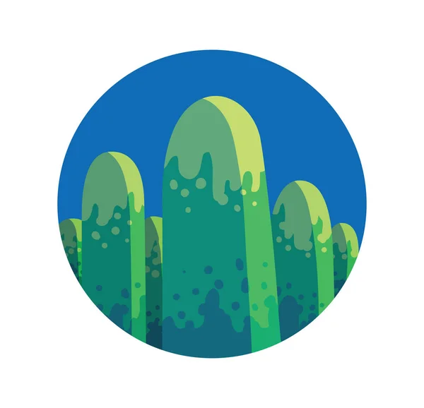 Etiquette ronde, montagne verte avec six sommets arrondis — Image vectorielle