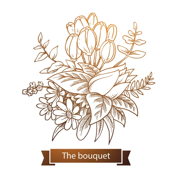 Bouquet: Tulpen, Lilie, Linienkunst — Stockvektor