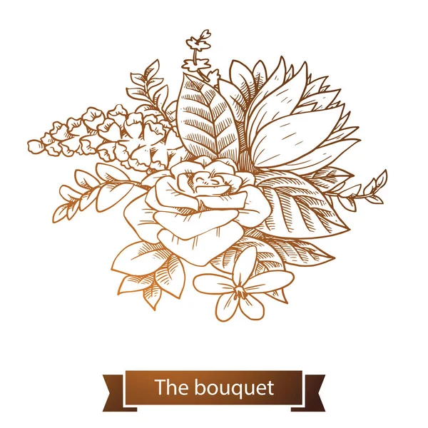 Bouquet: Rose, Seerose, Linienkunst — Stockvektor