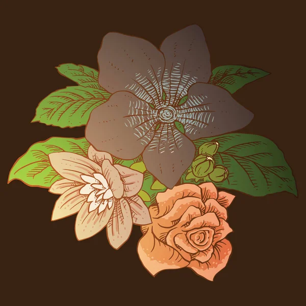 Kytice: Fialka, růže, chryzantéma, barevný obraz — Stockový vektor