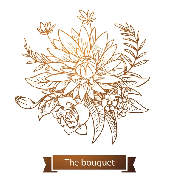 Bouquet: Chrysantheme, Rose, Linienkunst — Stockvektor