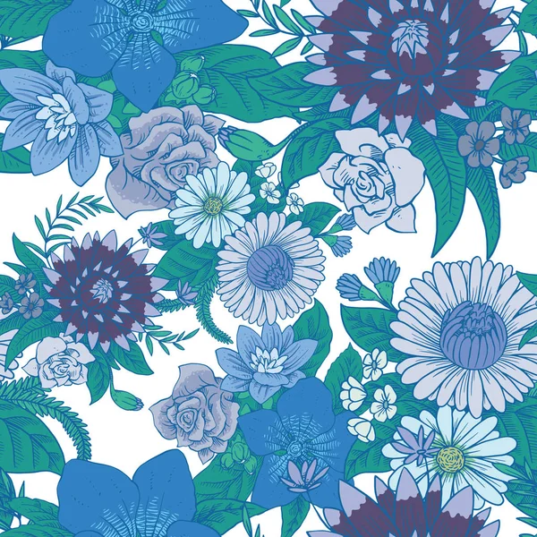 Patrón floral sin costuras con hermosas flores en tonos azules — Archivo Imágenes Vectoriales