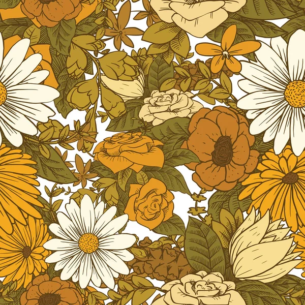 Patrón floral sin costuras con hermosas flores en tonos amarillos — Vector de stock