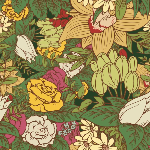 Patrón floral sin costuras con hermosas flores en un fondo verde — Archivo Imágenes Vectoriales