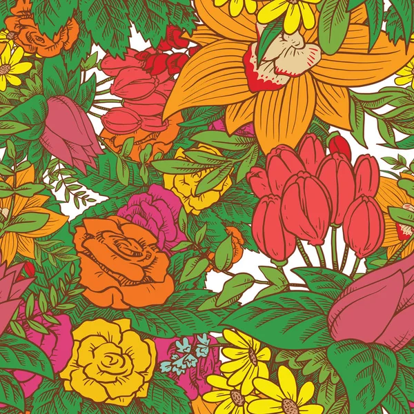 Patrón floral sin costuras con hermosas flores brillantes en blanco b — Archivo Imágenes Vectoriales