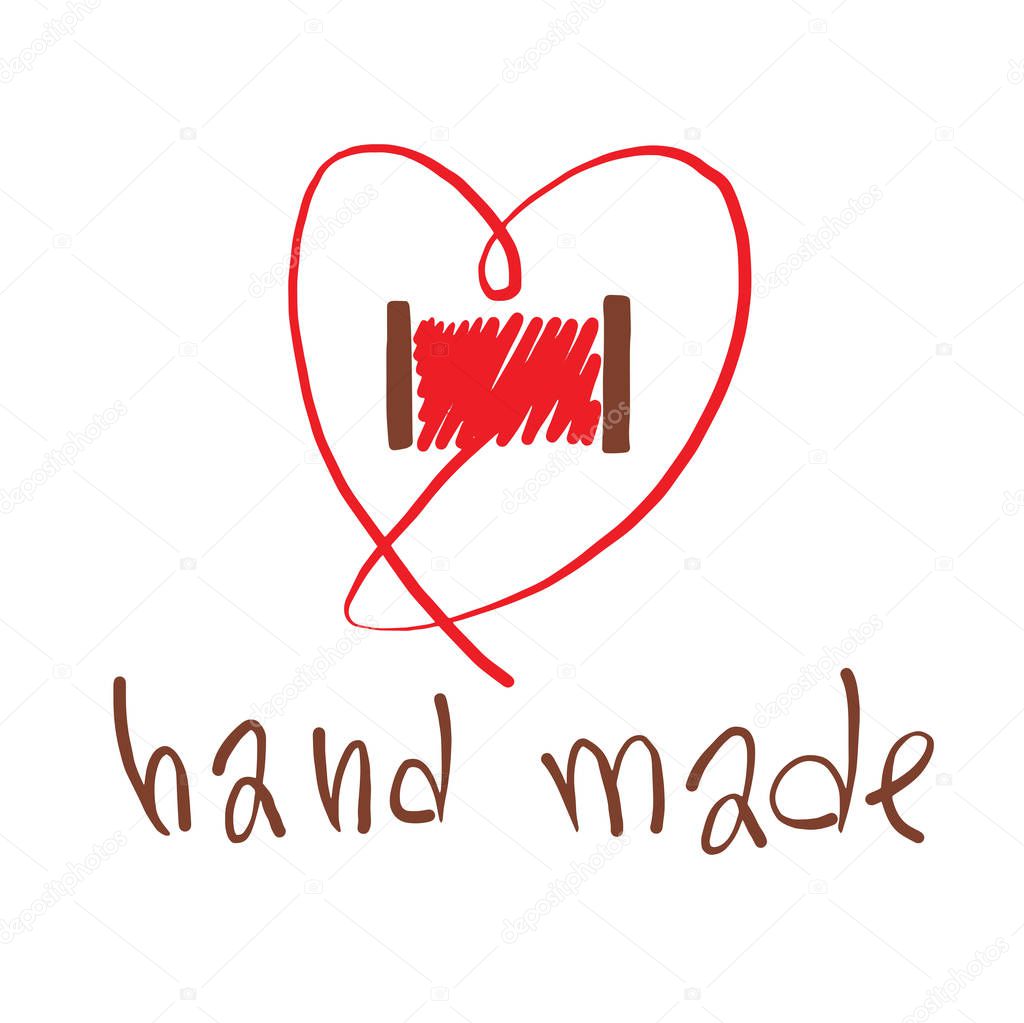 Vector image of the emblem of handmade in the form of a heart symbol from the red thread on a white background. Needlework, craft. Inscription 