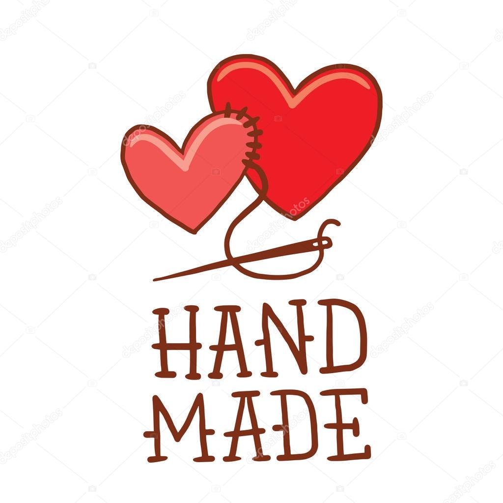 Vector image of the emblem of handmade in the form of two red hearts symbols sewn together on a white background. Needlework, craft. Inscription 