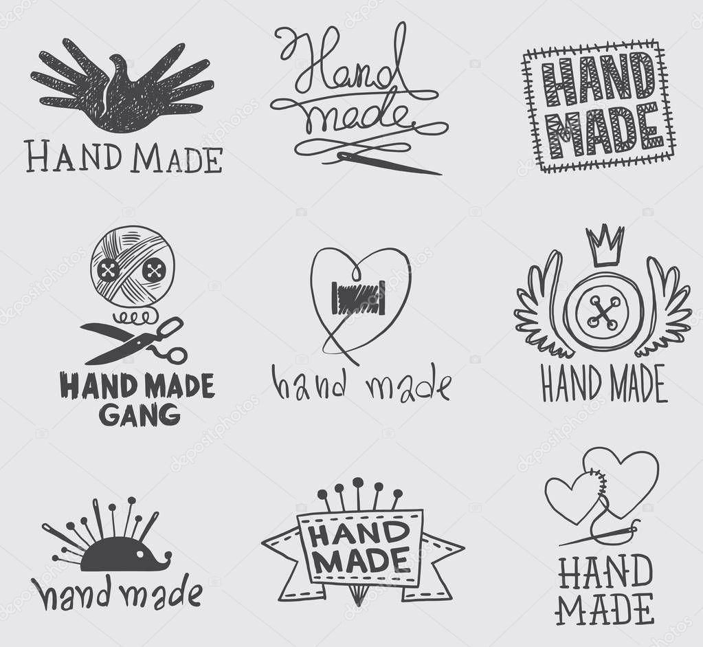 Vector set of different emblems of handmade on a white background. Needlework, craft. Made in a monochrome style. Inscription 
