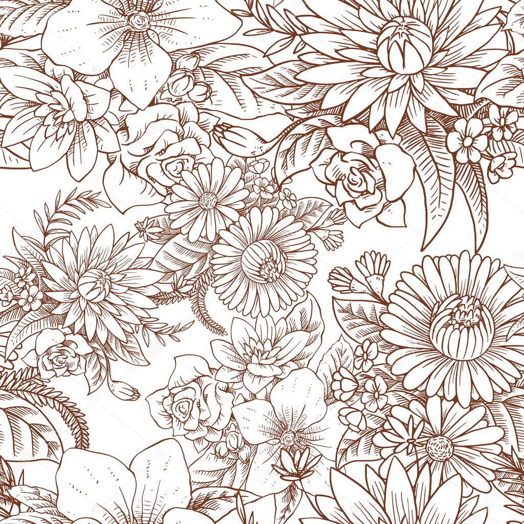 Seamless floral pattern with beautiful flowers, line art