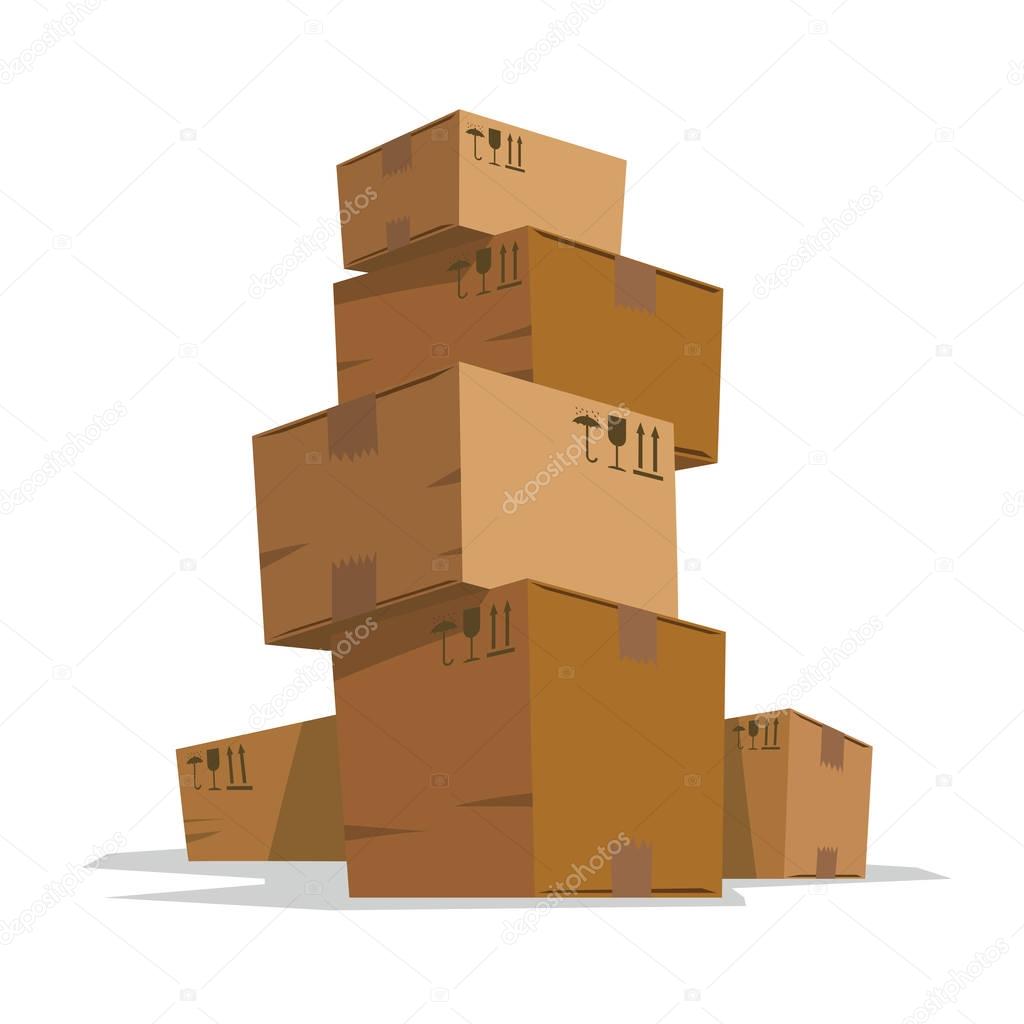 Six medium light brown cardboard boxes like a tower