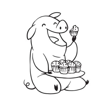 Oturma ve cupcakes, tek renkli stil yeme komik tombul domuz