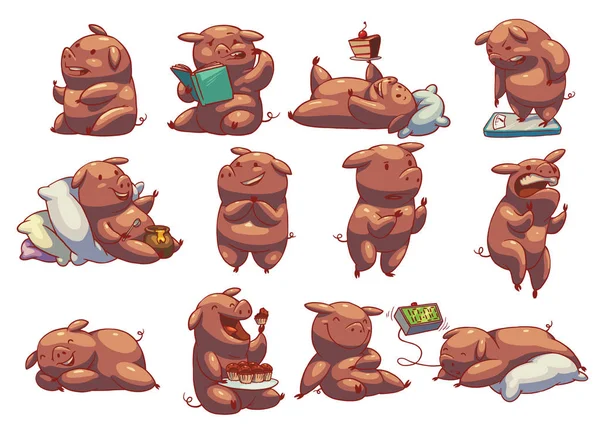 Conjunto de doce cerdos gordos divertidos, imagen en color — Archivo Imágenes Vectoriales