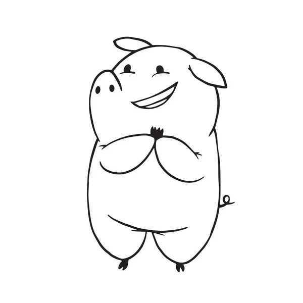 有趣的胖胖猪站和微笑，单色风格 — 图库矢量图片