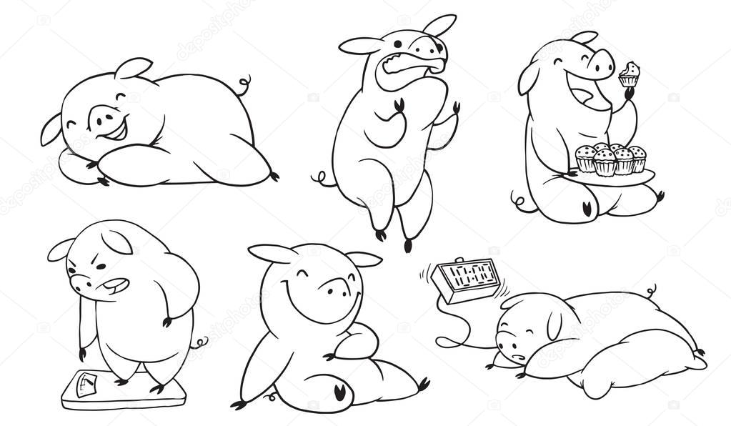 Set of six funny plump pigs, monochrome style
