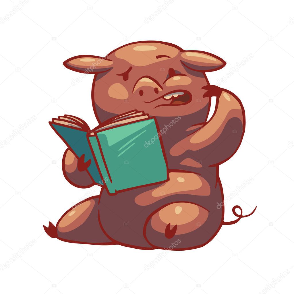 Funny plump pig sitting with a book, color image 