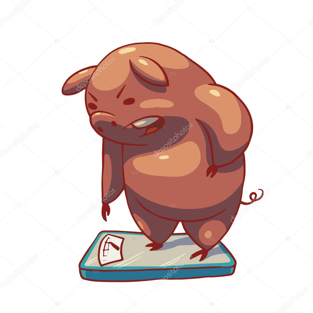 Funny plump displeased pig standing on floor scales, color image