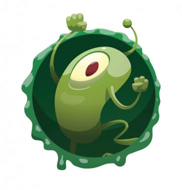 Yuvarlak kare, atlama ve sevindirici komik yeşil mikrop