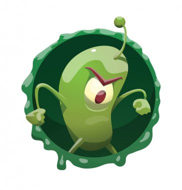 Yuvarlak kare, komik yeşil mikrop bir şeye kızgın