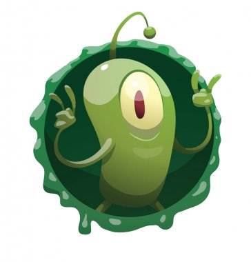 Yuvarlak kare, boynuzları belirtisi gösteren komik yeşil mikrop