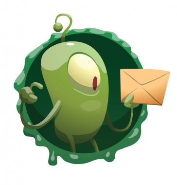 Yuvarlak kare, bir mektup ile komik yeşil mikrop