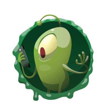 Yuvarlak kare, bir akıllı telefon ile komik yeşil mikrop