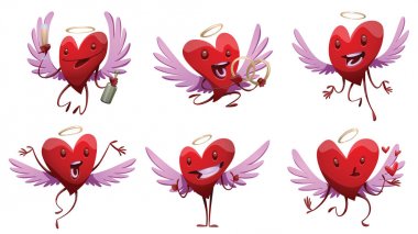 Set of funny red hearts with wings clipart