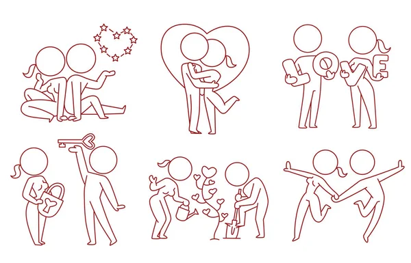 Ensemble de six couples aimants avec des actions différentes, art linéaire — Image vectorielle