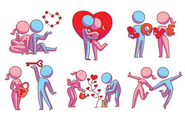 Conjunto de seis parejas amorosas con diferentes acciones, imagen en color — Vector de stock
