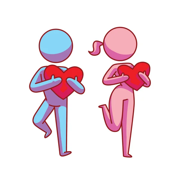 Icône, couple aimant tenant des coeurs rouges — Image vectorielle