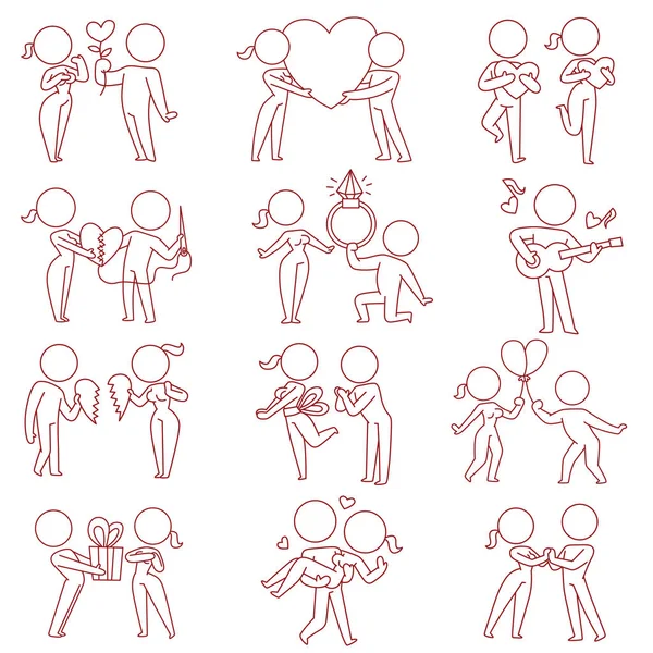 Ensemble de douze couples aimants, line art — Image vectorielle